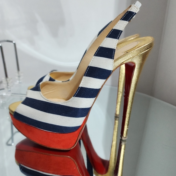 Christian Louboutin Lady Peep Sling 150 Toile Rayee Stripe Pumps Heels Size 35 - Picture 3 of 12